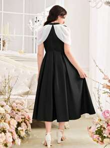 SHEIN Teen Girl Satin Stand Collar Waist-Hugging A-Line Colorblock Dress With Cap Sleeves Graduation Dress - Black - View 2