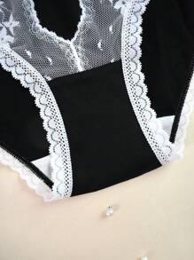 2pcs Set Tween Girls Simple & Fashionable Black/White Lace Trim Comfortable Briefs Set Girl Underwear - Black - View 4