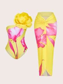 Slaydiva Women's 3D Floral Print Swimwear With Skirt Set, Vacation Wear - Multicolor - View 12