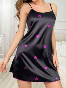 SHEIN 女士时尚心形印花吊带睡裙 - 黑色 - 查看 4