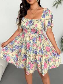 Flirla Plus Size Women Floral Print Shirred Ruffle Short Sleeve Fashion Dress For Summer - Multicolor - View 5