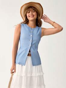 SHEIN LUNE Chaleco vaquero de efecto denim azul casual de verano para festivales de música - Azul - Ver 3