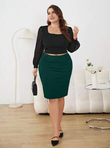 SHEIN Tall CURVE Plus Size Solid Color Pleated High Waist Bodycon Green Skirt - Dark Green - View 5