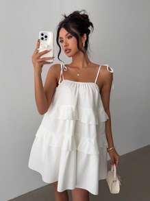 Rafferiza Tiered Ruffle Hem Loose A-Line Dress - White - View 3