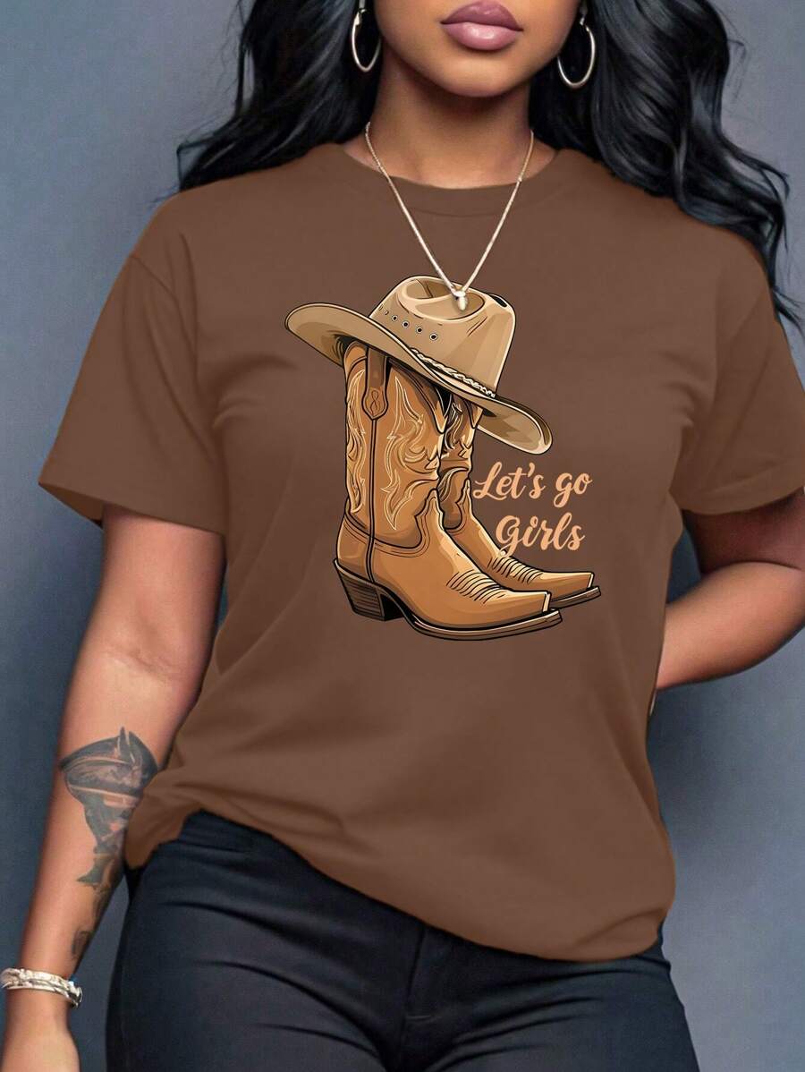 EMERY ROSE Plus Size Women Cowboy Boots & Hat Letter Pattern Printed T-Shirt Casual Short Sleeve Round Neck Top Graphic Tees Women Tops - Coffee Brown - View 1