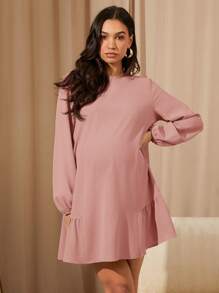 MaterniWear 女士休闲宽松长袖卡其色连衣裙、秋季短裙、秋冬女装、办公室服装、工作服、返校节服装、教师服装、孕妇装 - 粉色 - 查看 6