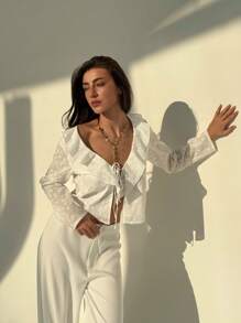 Aloruh 女士纯色拼布荷叶边前系带时尚衬衫