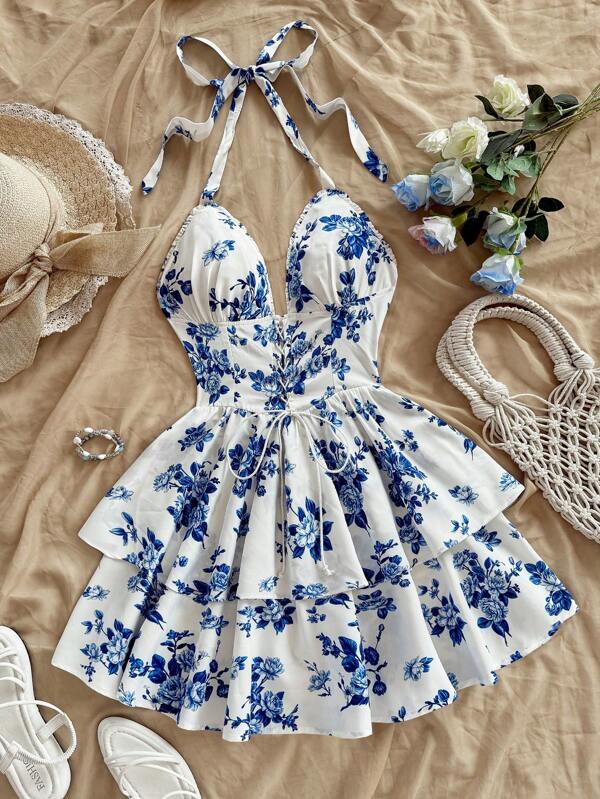 Soleia Rochie romantică cu decor în față cu imprimeu acuarelă, albastru și alb retro, potrivită pentru vacanță