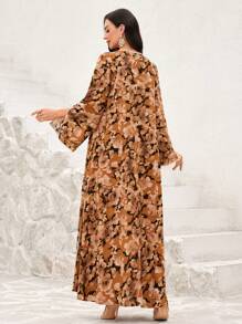 Al Najma Leinenkleid mit gestreiftem Muster und ausgestelltem Saum, arabischer Stil, bescheiden - Orange - Übersicht 4