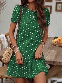 SHEIN LUNE 波尔卡圆点印花泡泡袖连衣裙，荷叶边下摆，适合新年衣服 - 綠色 - 查看 4