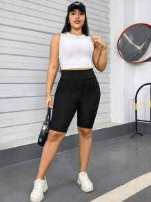 SHEIN Essnce 大码女式春夏时尚休闲运动舒适高弹力纹理面料日常修身黑色机车短裤紧身裤、女式下装、街头服饰、女士夏季服装、夏季短裤、慢跑裤、曲线裤