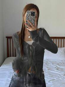 DAZY Women's Casual Solid Color Ruffle Tie-Front T-Shirt, Spring/Autumn Long Sleeve Women Tops - Dark Grey - View 3