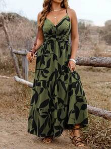 SHEIN Clasi Plus Size Women's Spring/Summer Western Style Boho Floral Sleeveless Dress With Ruffled Layered Hem, Suitable For Holiday, Vacation, Commute - Army Green - View 3