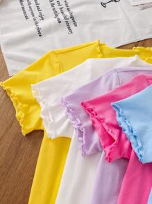 SHEIN Leap Crew 5pcs Young Girl Knit Solid Color Ruffle Collar Fitted T-Shirt Set - Multicolor - View 4