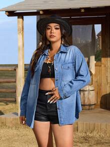 EMERY ROSE Atasan Denim Lengan Panjang Ukuran Besar untuk Wanita Saat Liburan - Biru - View 4