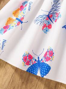 SHEIN Young Girls' Simple Chic Blue Ribbed Patched Butterfly Print Ruffle Hem Dress With 3D Bow Decor, Summer - Blue - View 3