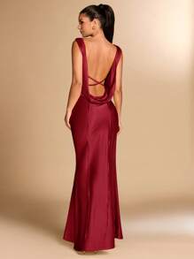 SHEIN BAE Solid Color Elegant Plunge Neckline Backless Tie Strap Mermaid Hem Sexy Sling Dress, Suitable For Cocktail Party, Romantic Date, Autumn/Winter Base Layer Dress, Party, Wedding Bridesmaid Dress, Night Out Dress, Halloween Dress, Christmas Dress - Burgundy - View 1