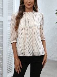 EMERY ROSE 中年女士春夏短袖雪纺衬衫，成熟女性休闲宽松衬衫 - 杏色 - 查看 5