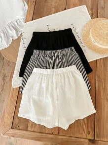 SHEIN LMoss Kids 3pcs/Set Tween Girls Minimalist Comfortable Striped & Solid Black/White Color Casual Shorts Set - Multicolor - View 4