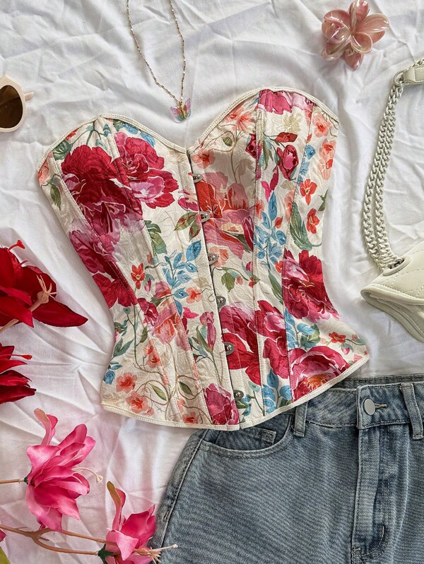 Soleia Wedding Guest Dress Women,Corset Tops For Women,Summer Outfits For Women,Summer Tops,Western Wear Women,Going Out Tops,Boho,Concert Outfit Women,Rave Outfits Festival,Cruise Attire Women,Birthday Outfits For Women,Vacation Outfits Woman,Tube Top,Tank Tops Women,Retro Palace Style Women Colorful Floral Jacquard Knitted Tube Top With Button And Back Tie, For Holiday