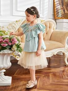 SHEIN 年轻女孩宽松衬衫，带 3D 花朵装饰、圆领和荷叶边 - 薄荷綠 - 查看 5