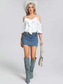SHEIN LUNE חולצת קפיצי קפיצים בצבע אחיד לנשים - לבן - ראה 5