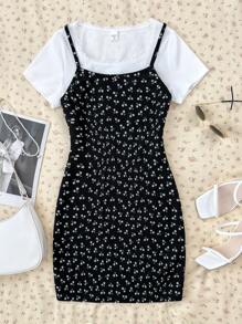 SHEIN 2 件黑白碎花修身连衣裙套装，带迷你裙，适合青少年女孩的校园风格和度假风格服装