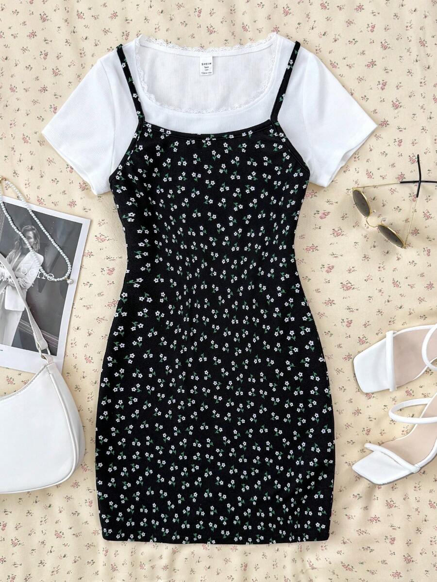 SHEIN 2 件黑白碎花修身连衣裙套装，带迷你裙，适合青少年女孩的校园风格和度假风格服装