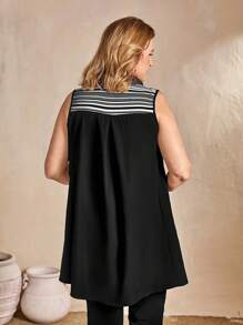 EMERY ROSE New French Stylish Elegant Loose Fit Vertical Striped Single-Breasted Asymmetrical Hem Patchwork Color Women Sleeveless Top - Black - View 2