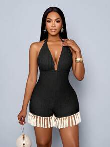 SOLERSUN 2025 Phụ nữ Xuân Hè Phong cách mới Đi làm Thanh lịch và gợi cảm Ngày lễ tình nhân Mùa cưới Tiệc Tiệc Lễ hội âm nhạc Bãi biển Kỳ nghỉ bên bờ biển Mát mẻ Lãng mạn Hẹn hò Cổ yếm Buộc dây eo Quần legging tua rua - màu đen - Xem 3