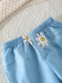 Elladie kids Girls Casual Daisy Print Long Sleeve Round Neck Tee And Elastic Waist Straight Leg Floral Print Denim Pants Set, Suitable For Spring And Autumn - Hot Pink - View 5