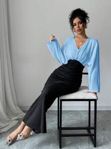 Firerie 女士 V 领蝙蝠袖拼色修身连衣裙