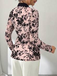 SHEIN Privé Women's Elegant Stand Collar Asymmetrical Button Front Sheer Long Sleeve Blouse - Baby Pink - View 2