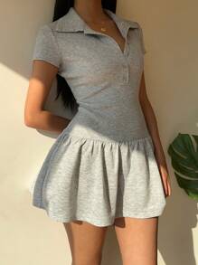 SHEIN EZwear Ruffle Hem Button Front Short Sleeve Solid Color Casual Dress - Grey - View 4