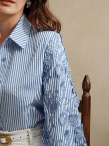 Anewsta Nouvelle blouse d'été/printemps ample à rayures bleues et blanches, patchwork et brodée, décontractée mais habillée pour femme