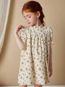 Blossori Vestido elegante para niñas al estilo francés con fondo en color albaricoque, cuello con volantes tejidos en gris y amarillo, para primavera/verano