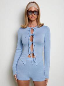 COSMINA Blusa de manga larga azul elegante y informal con cordones y diseño calado para mujer, ideal para primavera/verano