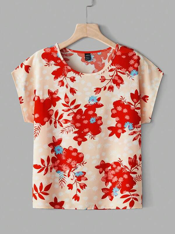 SHEIN LUNE Women's Floral Print Loose Round Neck Batwing Short Sleeve Casual Woven Blouse Top