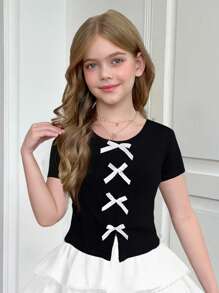 SHEIN Leap Crew Tween Girls Casual Ribbed Knit Solid Color Bow Decor Slit Sleeve Fitted T-Shirt, Black T-Shirt, Back To School, Y2K, Fashion Street, Sweet And Cool Girl - Black - View 8