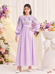 SHEIN 少女編織花卉印花v領收縮泡袖連衣裙 - 淡紫色 - 查看 6