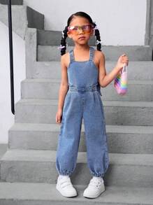 SHEIN 年轻女孩的 Y2K 牛仔无袖连体裤，后背带大蝴蝶结装饰，女童春夏休闲度假乡村波西米亚风服装，春假海滩装女童露背连体裤，音乐会服装，年轻女孩的西部街头服装 - 中等水洗藍 - 查看 4