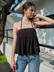 Women's Ruffled Strap Fitted Tank Top, Sexy & Slimming, Summer - Black - View 3