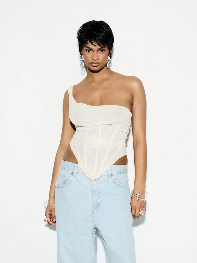 KIZN Ruched Corset One Shoulder Boned Structure Bodysuit