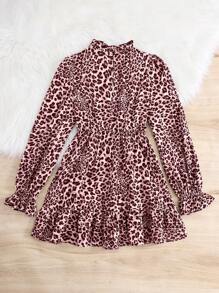 SHEIN Young Girl Casual Matching Mother-Daughter Leopard Print Ruffle Hem Cinched Waist A-Line Elegant Fashion Dress, Autumn/Winter, Autumn/Winter For Back To School Season, Suitable For School, Travel, Outing, And Home Use, For Fall/Winter,Great For Casual & Daily Wear & School Daily In Spring And Autumn,Mom And Daughter Matching,Sister And Me Matching - Pink - View 4