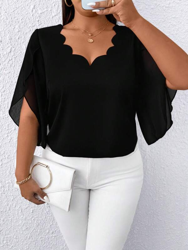 SHEIN Clasi Chemisier en mousseline à manches transparentes et col en dentelle pour femmes grandes tailles, style décontracté