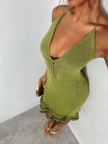 Glamine Women Short Ruffled Hollow Out Elegant Knitted Dress, Spring/Summer - Green - View 1