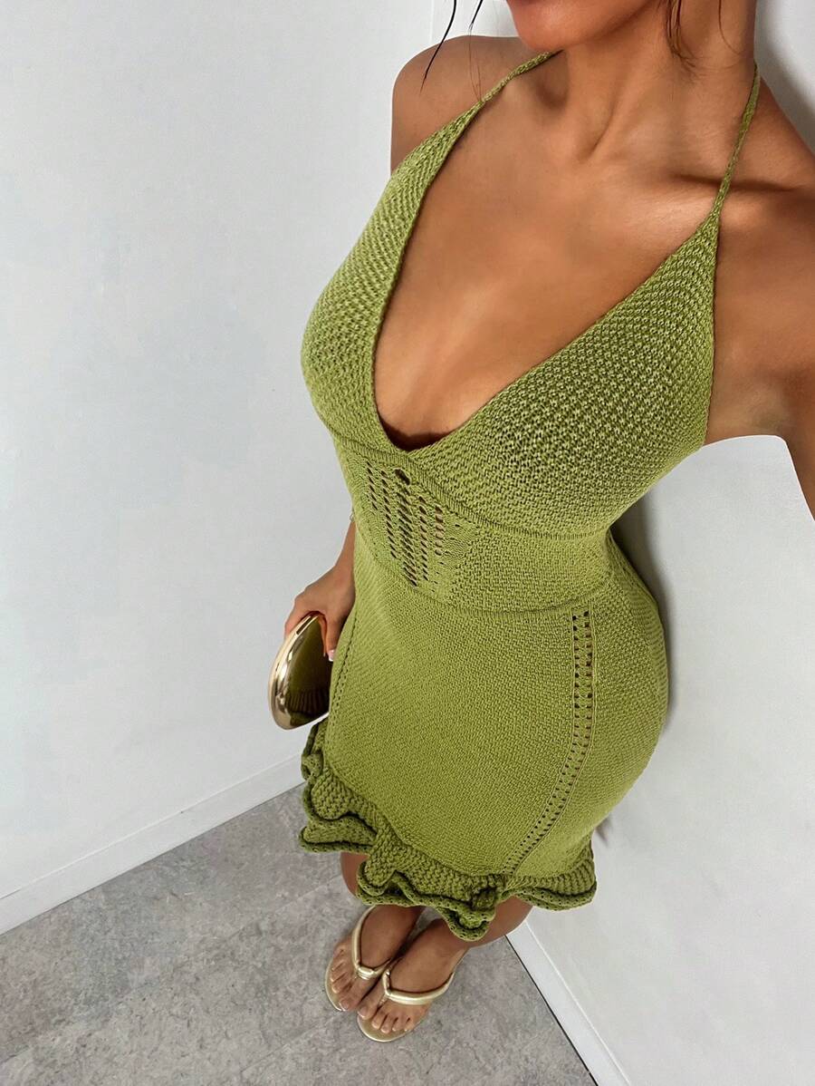 Glamine Women Short Ruffled Hollow Out Elegant Knitted Dress, Spring/Summer - Green - View 1