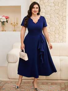 Modelyn Plus Size Shell Trim V-Neck Short Sleeve Cinched Waist A-Line Elegant Long Dress - Navy Blue - View 2