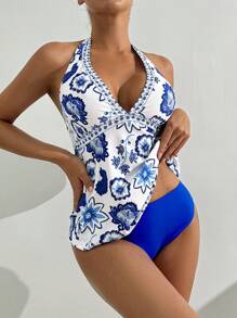 SHEIN Swim Women's Blue Floral Print Spaghetti Strap V-Neck Tummy Control Tankini Bikini Top For Beach Holiday For Summer Beach Vacation - Blue - View 1