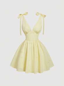 SHEIN MOD 女士 V 领细肩带蝴蝶结黄色短款派对礼服，音乐节服装茶会礼服女士可爱礼服，度假礼服 - 黃色 - 查看 1